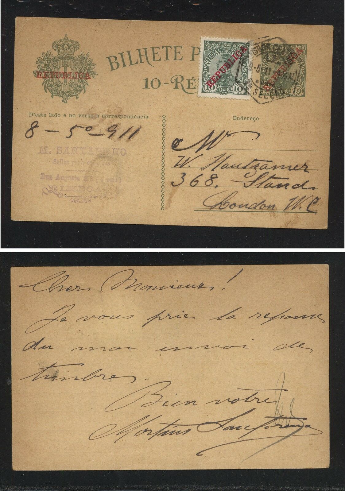 Portugal   Uprated  Postal Card To London  1911         Ms1009