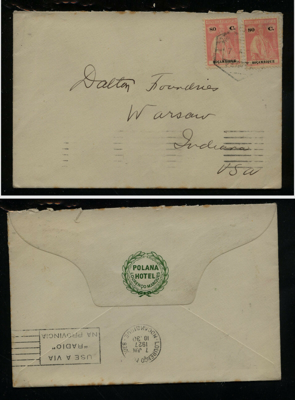 Mozambique 183 (2) On Polana Hotel Ad Cover 1927 To Us        Kl1119