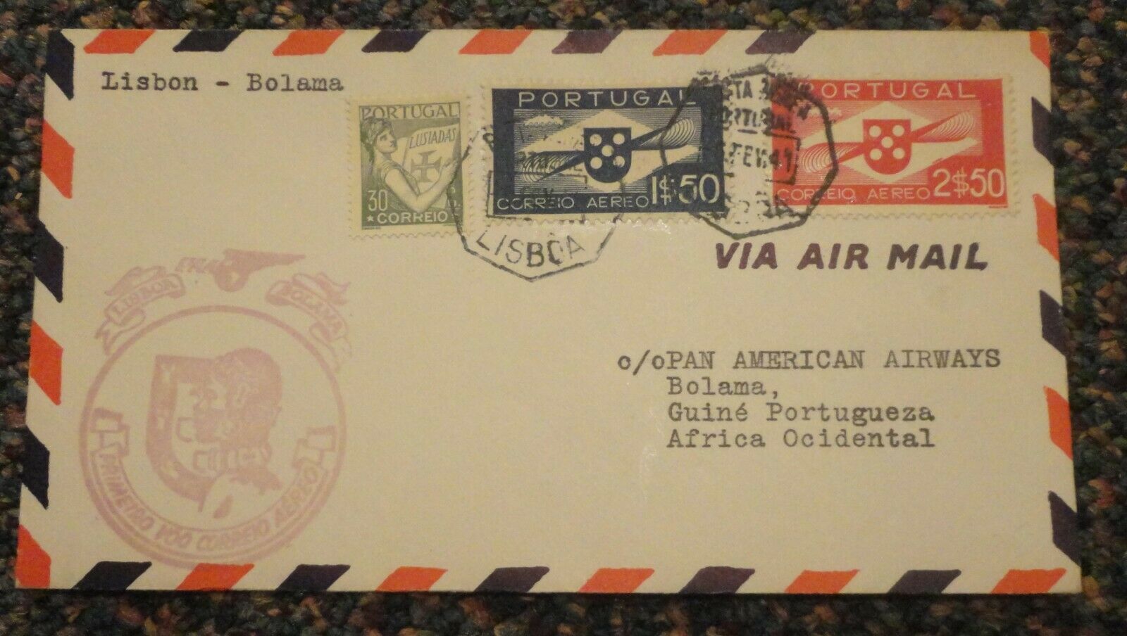 1941 Lisbon Portugal - Bolama Portuguese Guinea First Flight Cover