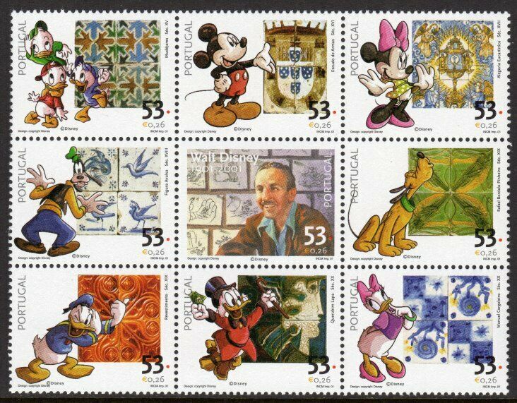 Portugal Scott #2446 Vf Mnh 2001 Walt Disney 100th Anniversary Mini-sheet Of 9